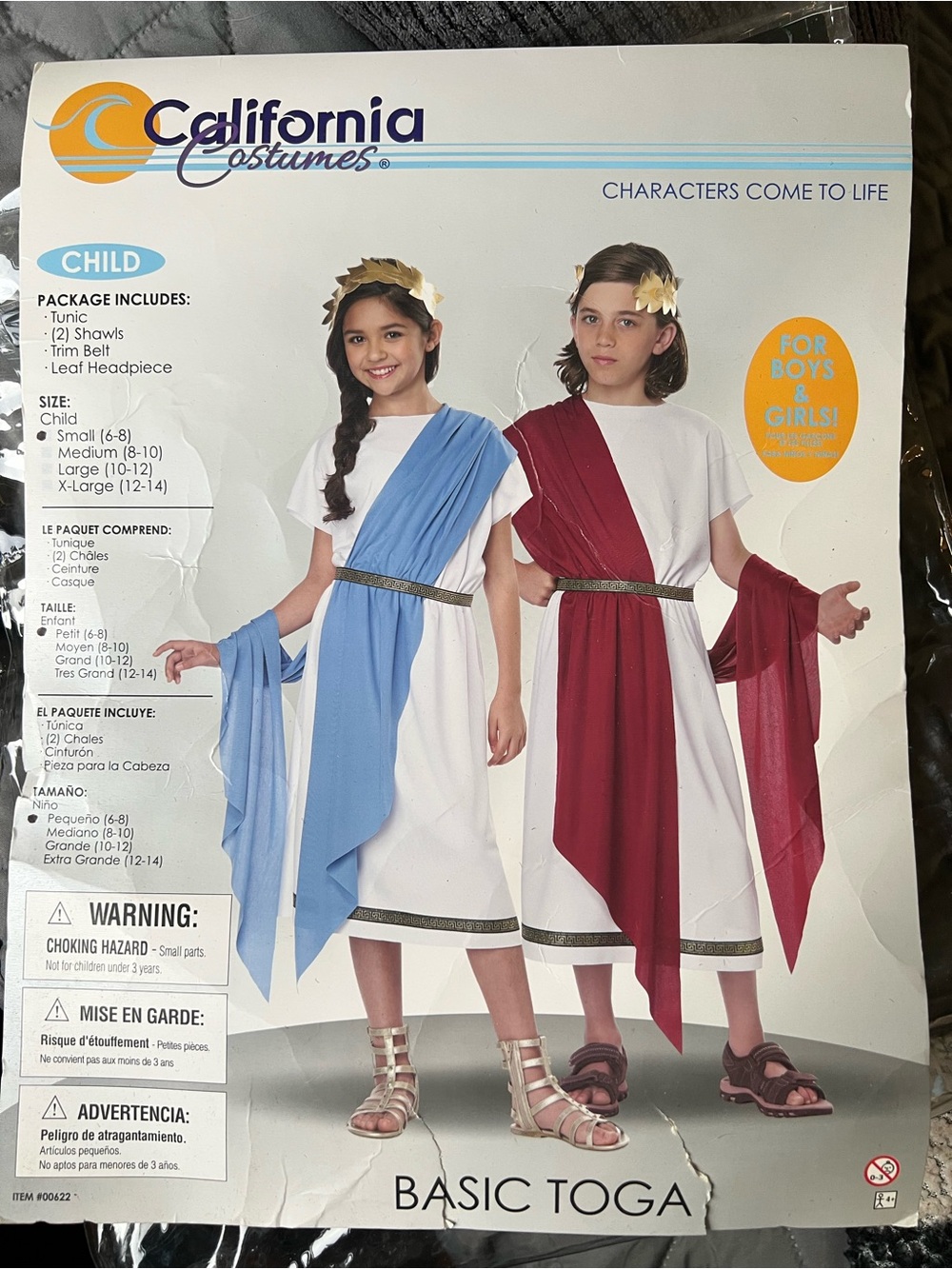 California Costumes Kids Basic Toga - White with Blue or Red Sash